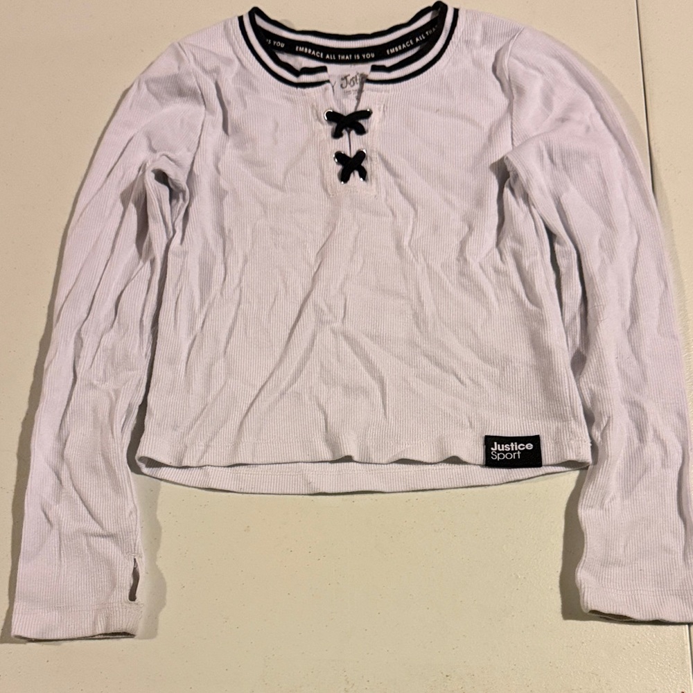 Justice White Long-Sleeve Lace-Up Ribbed Top with Black Trim